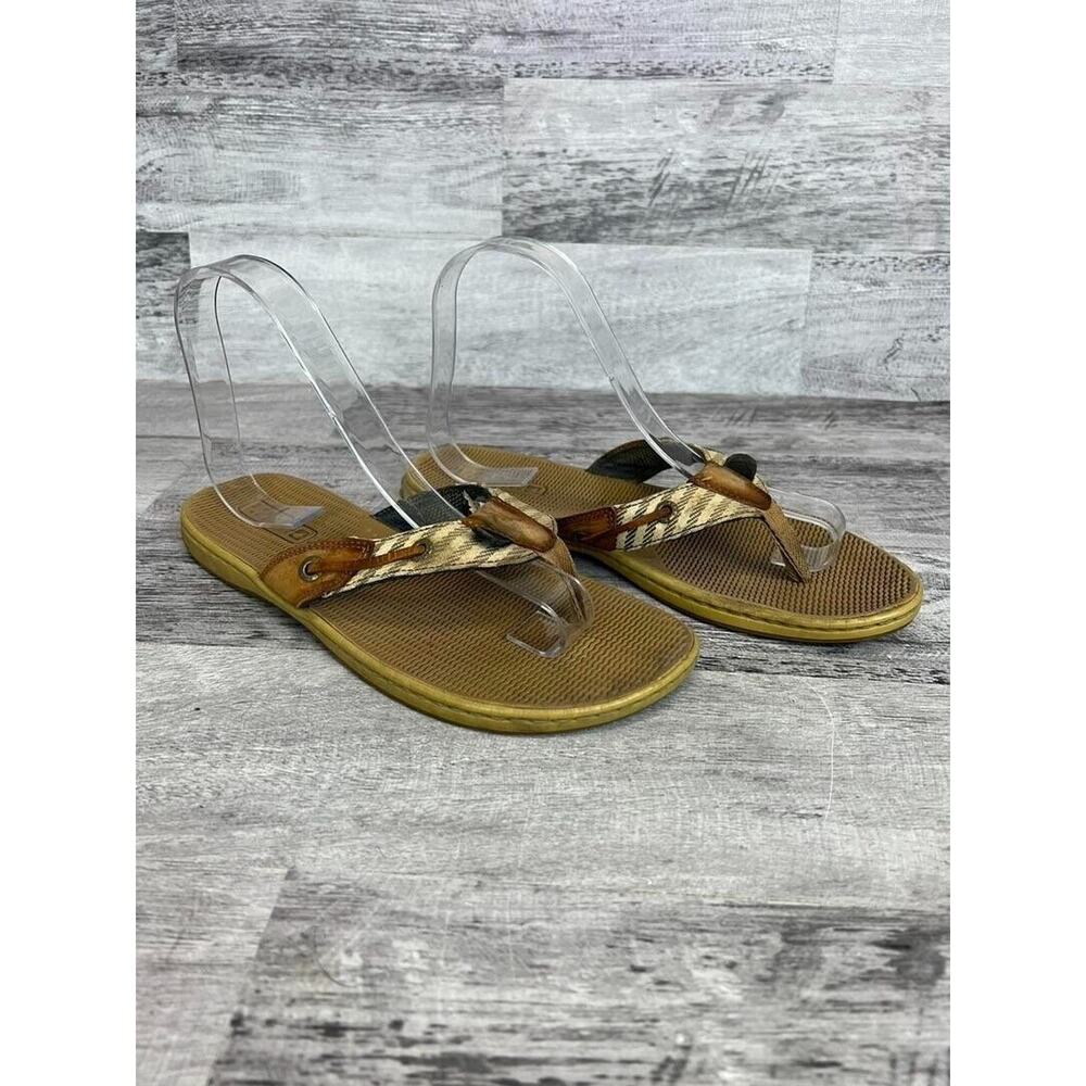 Sperry Womens Size 7M Brown Canvas & Leather Thong Flip-Flops Casual Sandals
